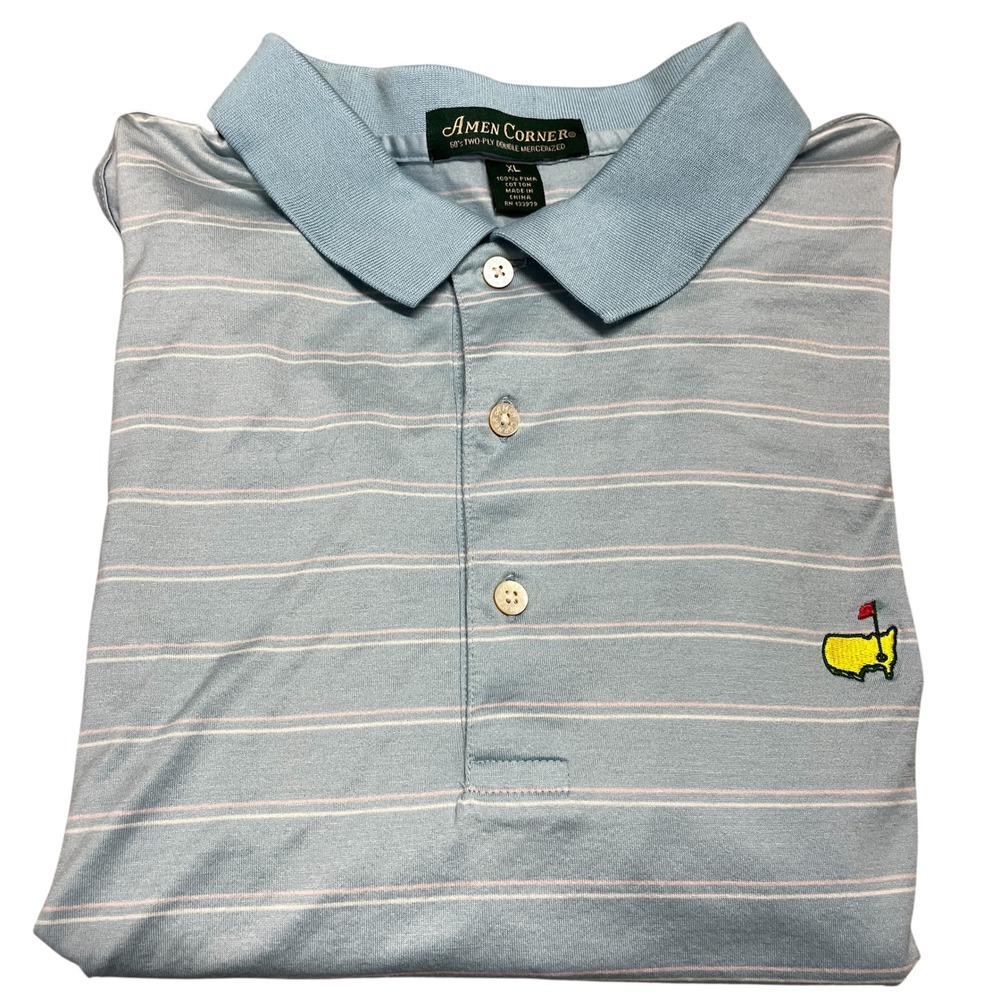 Amen Corner The Masters‎ Golf Polo Shirt Men XL Light Blue Striped Pima Cotton